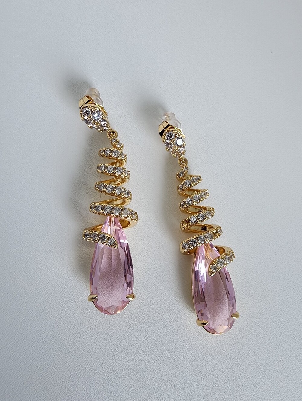 Gold Plated Pink Crystal Drop Earrings CZ Spiral Dangle Statement Glam
